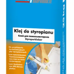 Opakowanie kleju do styropianu marki KNAUF, 25 kg, z ilustracją aplikacji kleju na płytę termoizolacyjną.